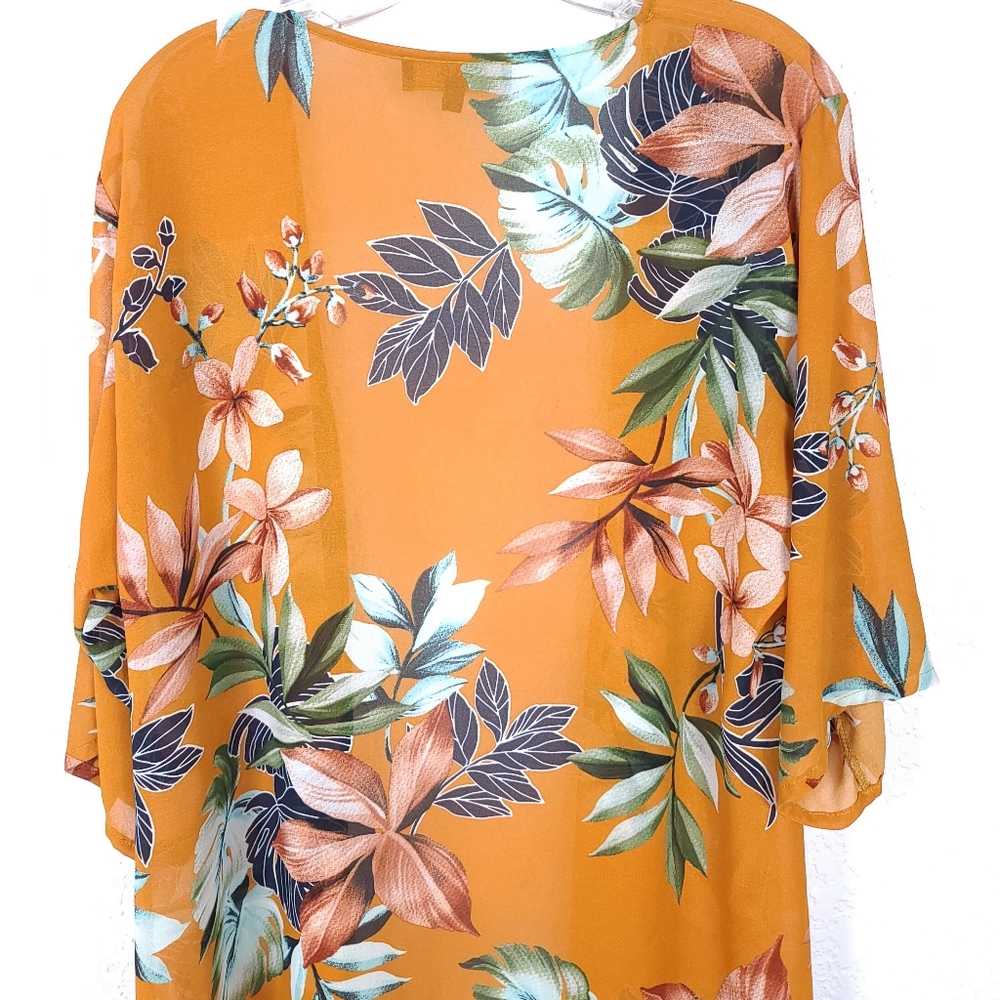 L&B Sheer Floral Kimono Cardigan – Orange Green Boho Resort Style – Small - Picture 7 of 9